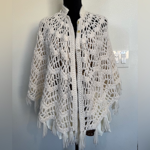 Boho Hand-Crocheted Fringe Shawl Cardigan | Open Knit Poncho | One Size - Picture 2 of 6